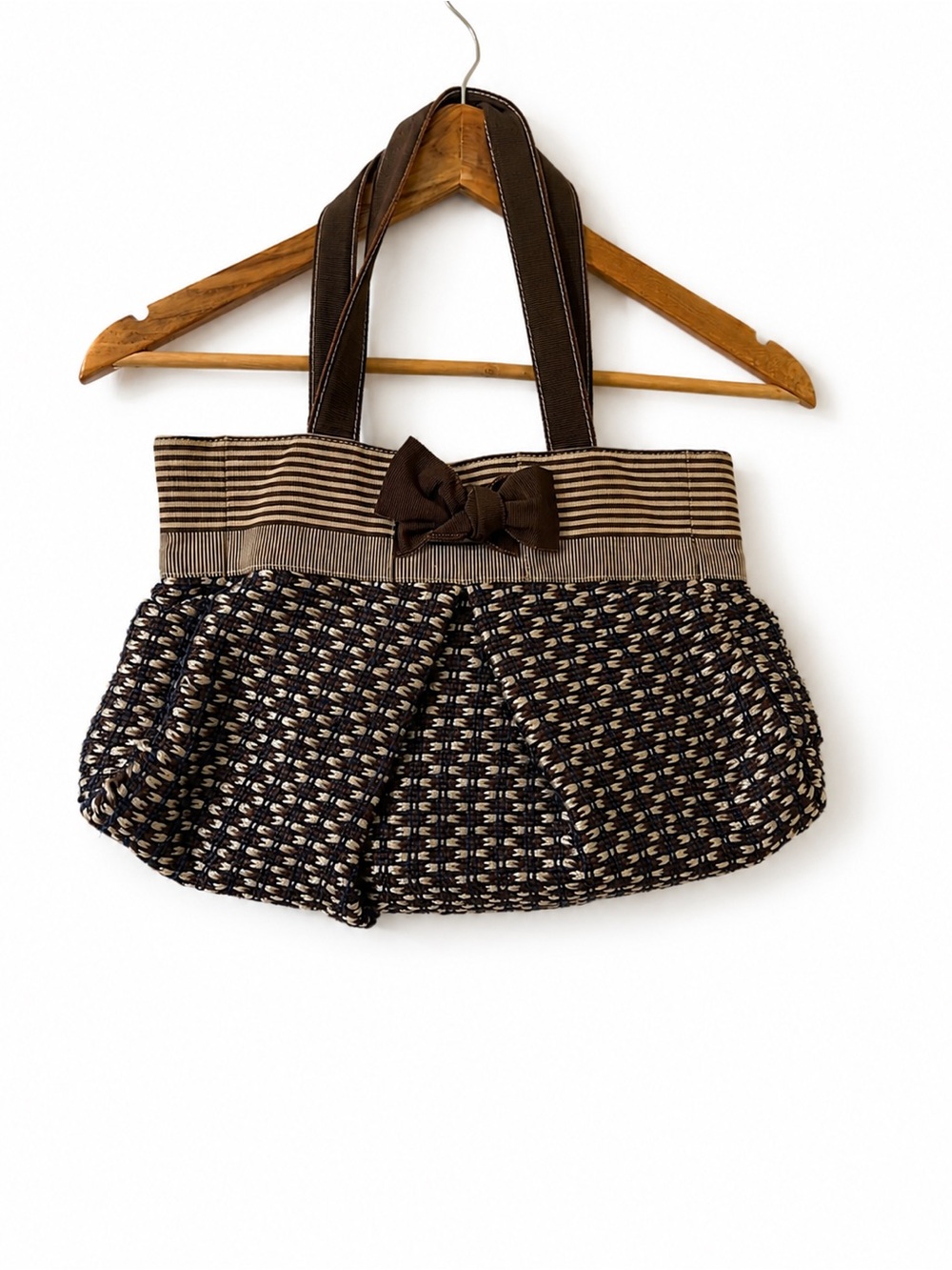 Furla Maricò Brown Bow Shoulder Bag Beige/Blue Polka Dot Lining